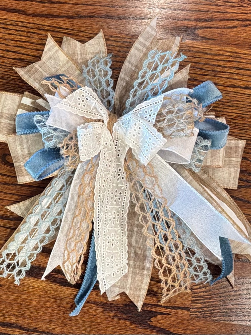 Neutral and Light Blue Holiday Wreath Bow